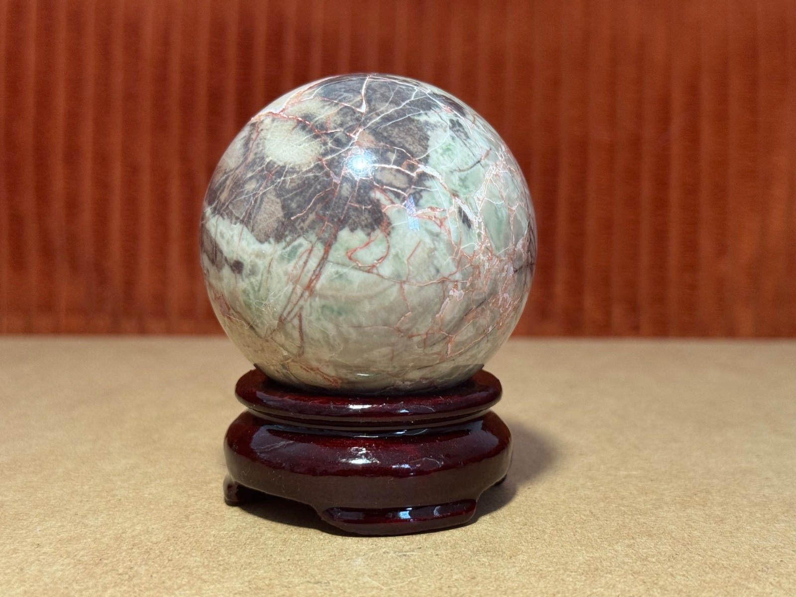 Rhyolite Jasper Multi-Colored Medium Size Sphere Wood Stand Not Included