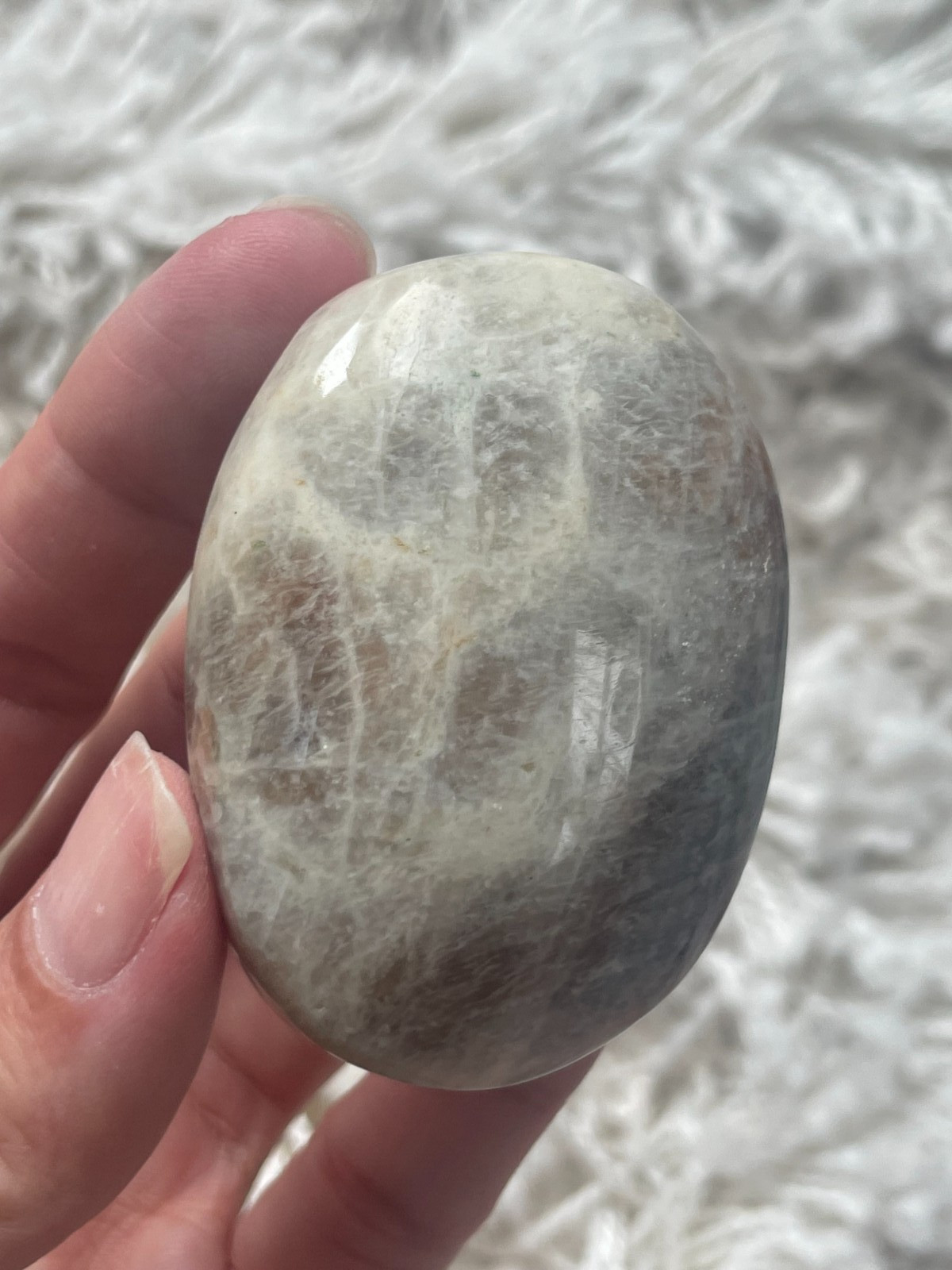 Rainbow Moonstone with Sunstone Palmstone, Medium – Blue & Silver Flashes (MZ)