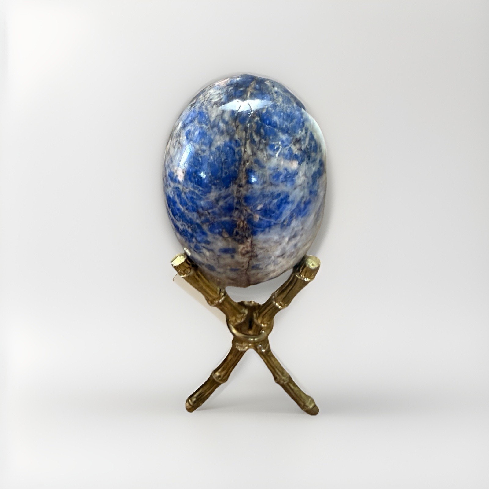 Lapis lazuli sphere Egg Shaped Stone With Gold Bamboo Stand 5.25”