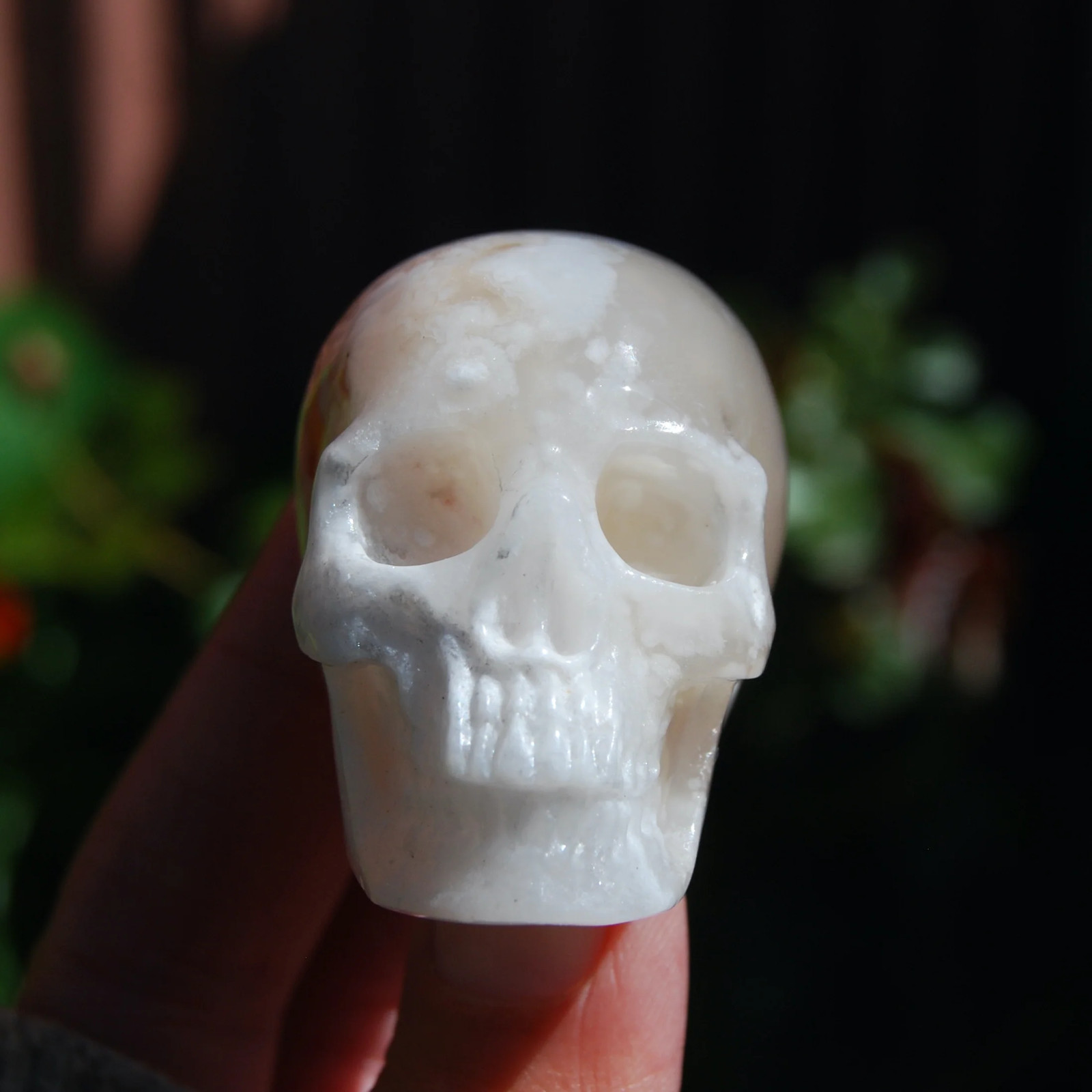 2in Sakura Flower Agate Carved Crystal Skull, Realistic Peach White Sakura Agate
