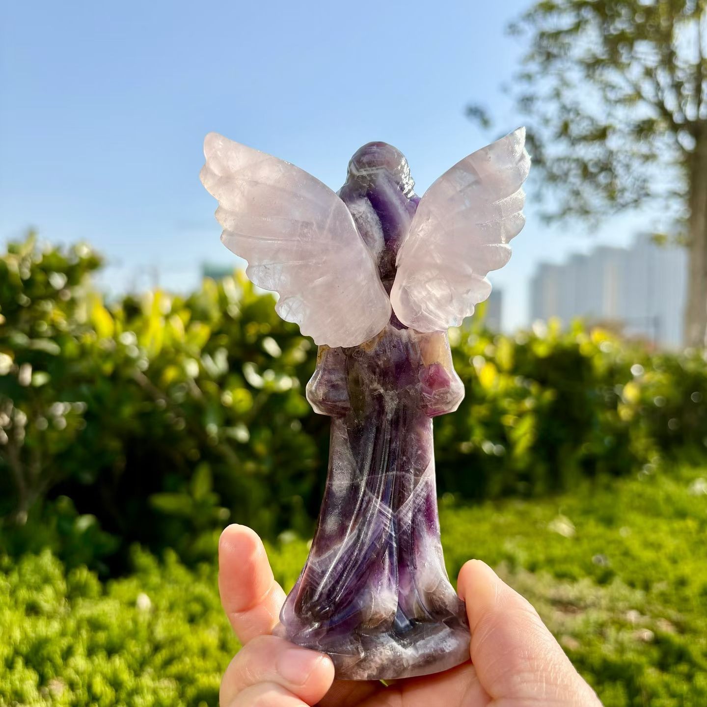 5.5″ natural Dream Amethyst Angel Skull Quartz Crystal Carved Reiki Healing