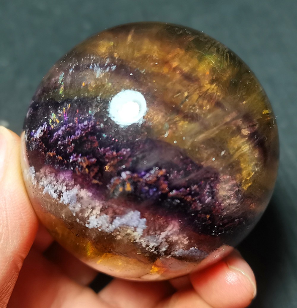 TOP 368g 60mm Natural Colorful Super Seven Fluorite Sphere Ball Healing WD2119