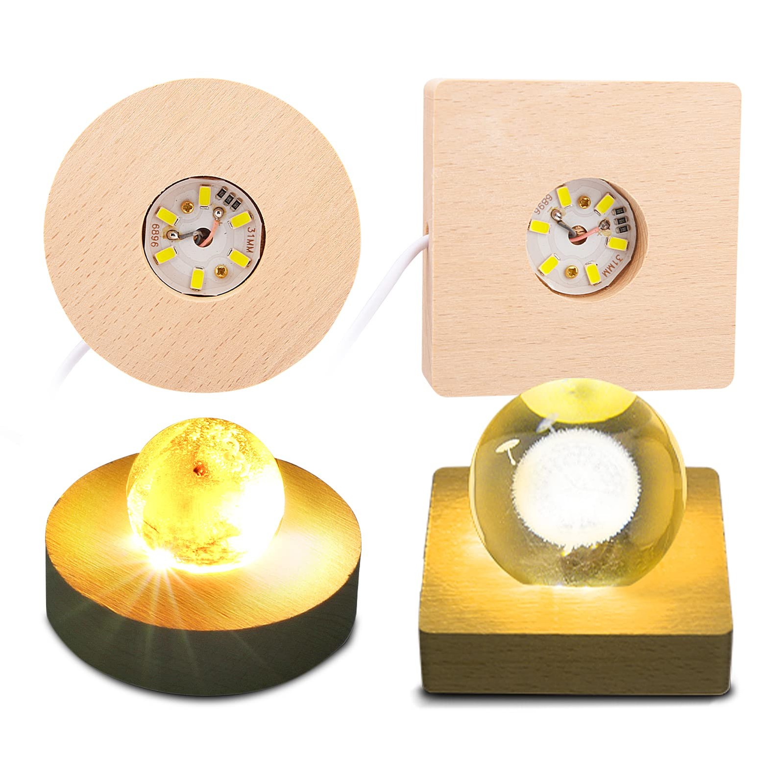 4pcs Wooden Light Base, Round & Square Crystal Sphere Pedestal Stand with USB…
