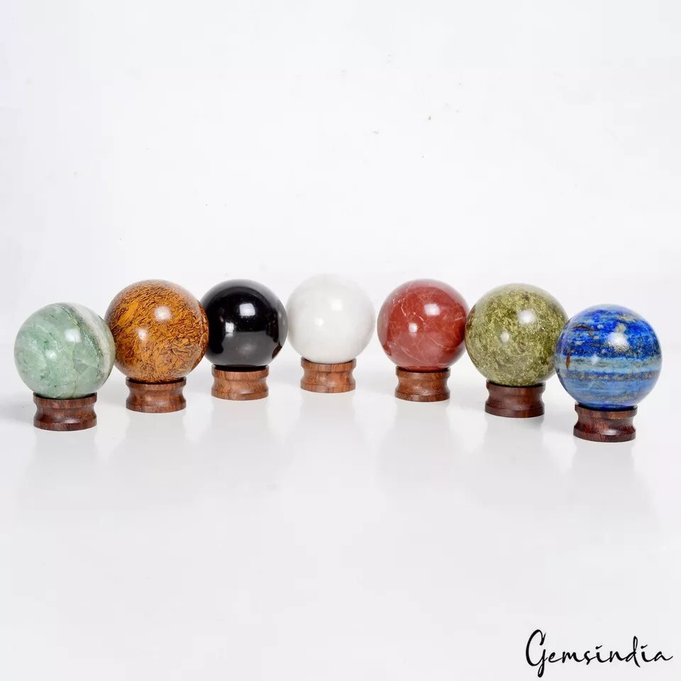 4880 Ct 7 Pcs Set Of Multigems Crystal Sphere Ball Polished Healing w/ Stand