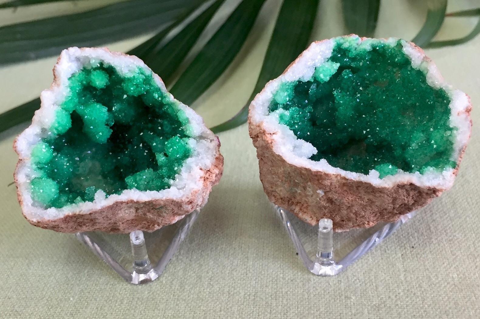 Green Geode Pair Geode Crystal Quartz Druze Specimen Morocco Geode Half