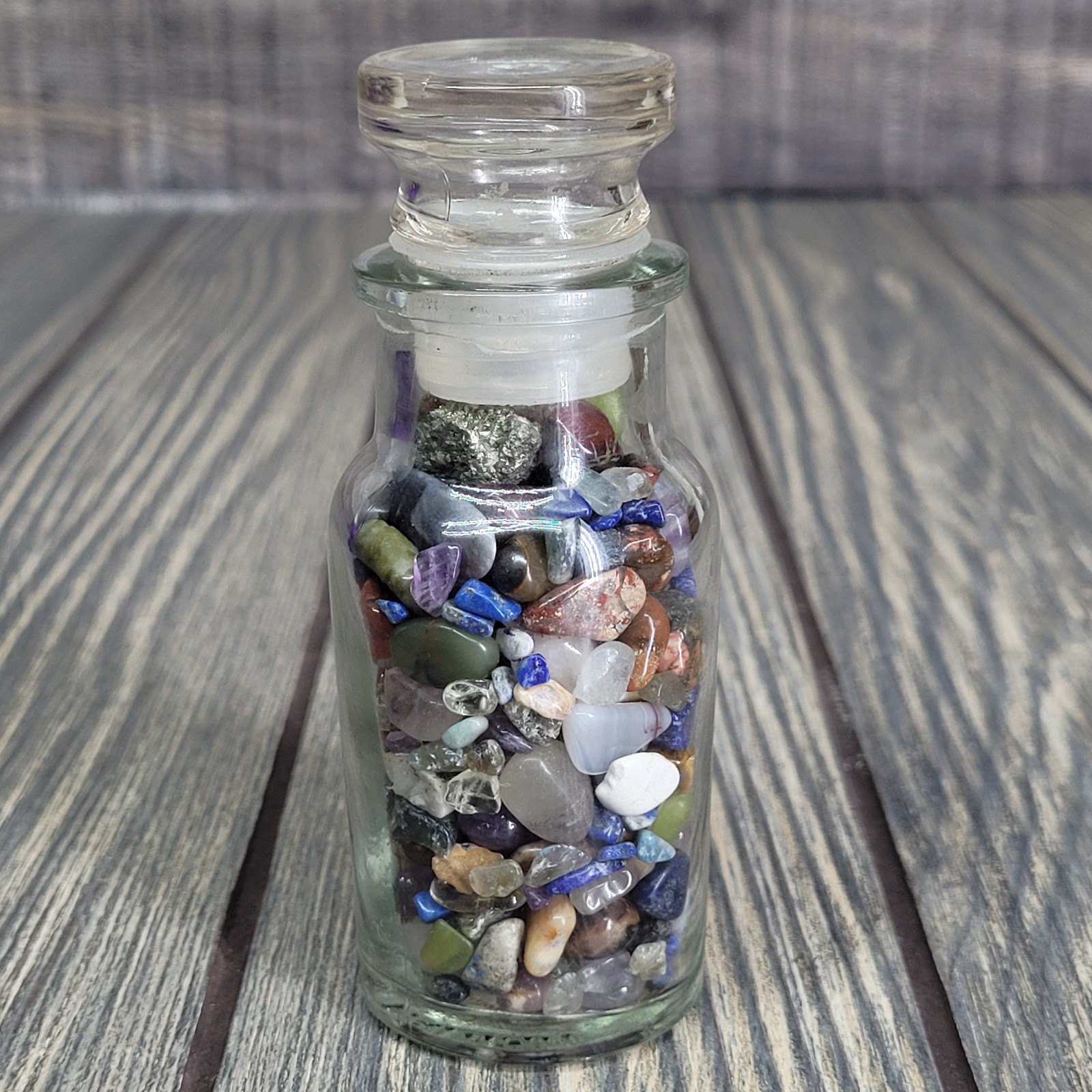 4oz Mixed Crystal Small Tumbles in Vintage Apothecary Glass Spice Jar w/ Stopper