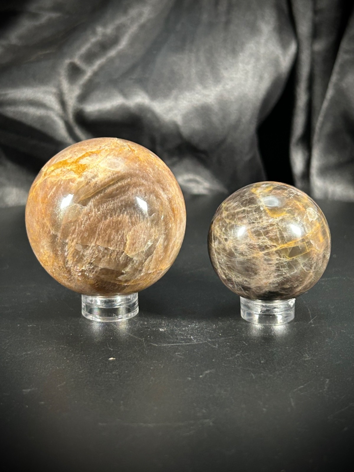 2 Piece Black Moonstone Sphere Bundle With Acrylic Stands 6.6oz (186 grams)