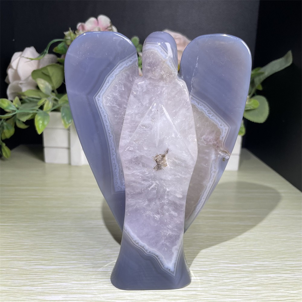 1.7LB 6.4″ Ash Lace Sardonyx Angel Carved Crystal Mineral Quartz Reiki Decor