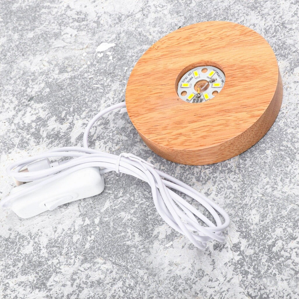 Wooden LED Display Stand 3D Nightlight Round 80mm Base Holder for Crystal Glass