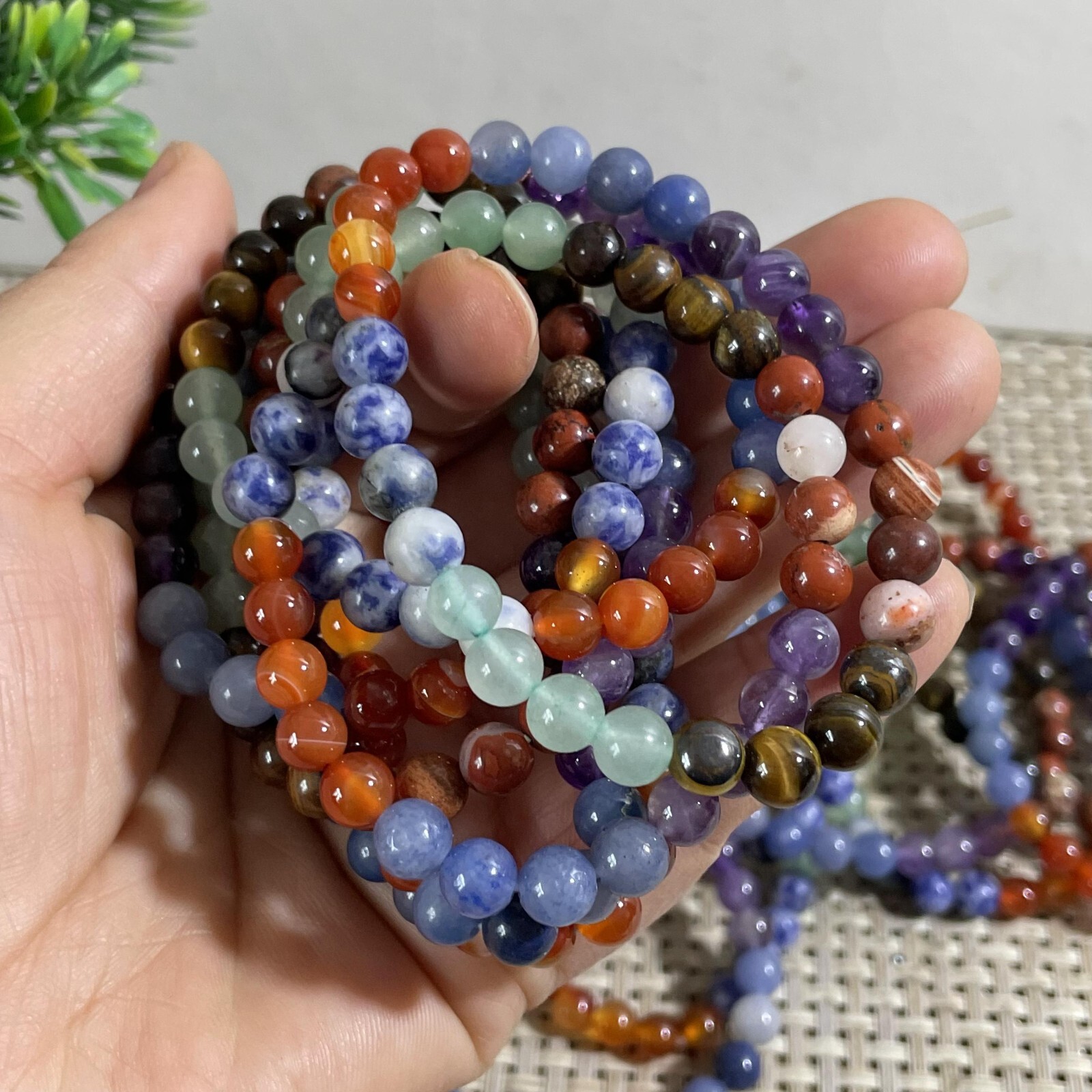 Wholesale 5 Pcs mixed gem stone 6mm Quartz Crystal Stretch Bracelet
