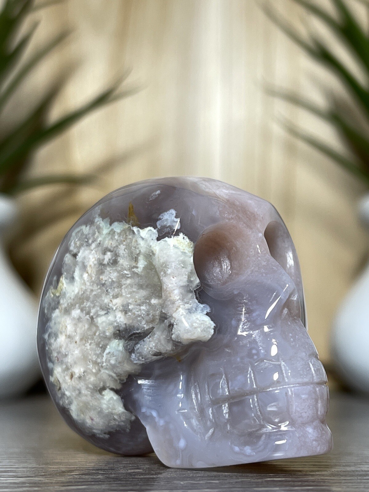 FLOWER AGATE SKULL – Mineral Carving Pink Purple Chakra Crystal Statue Decor
