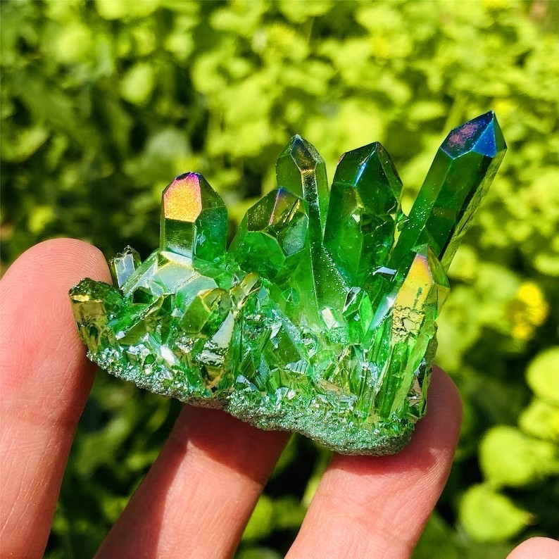 80-100g Titanium Aura Green Healing Crystal Quartz Cluster Geode Home Decor