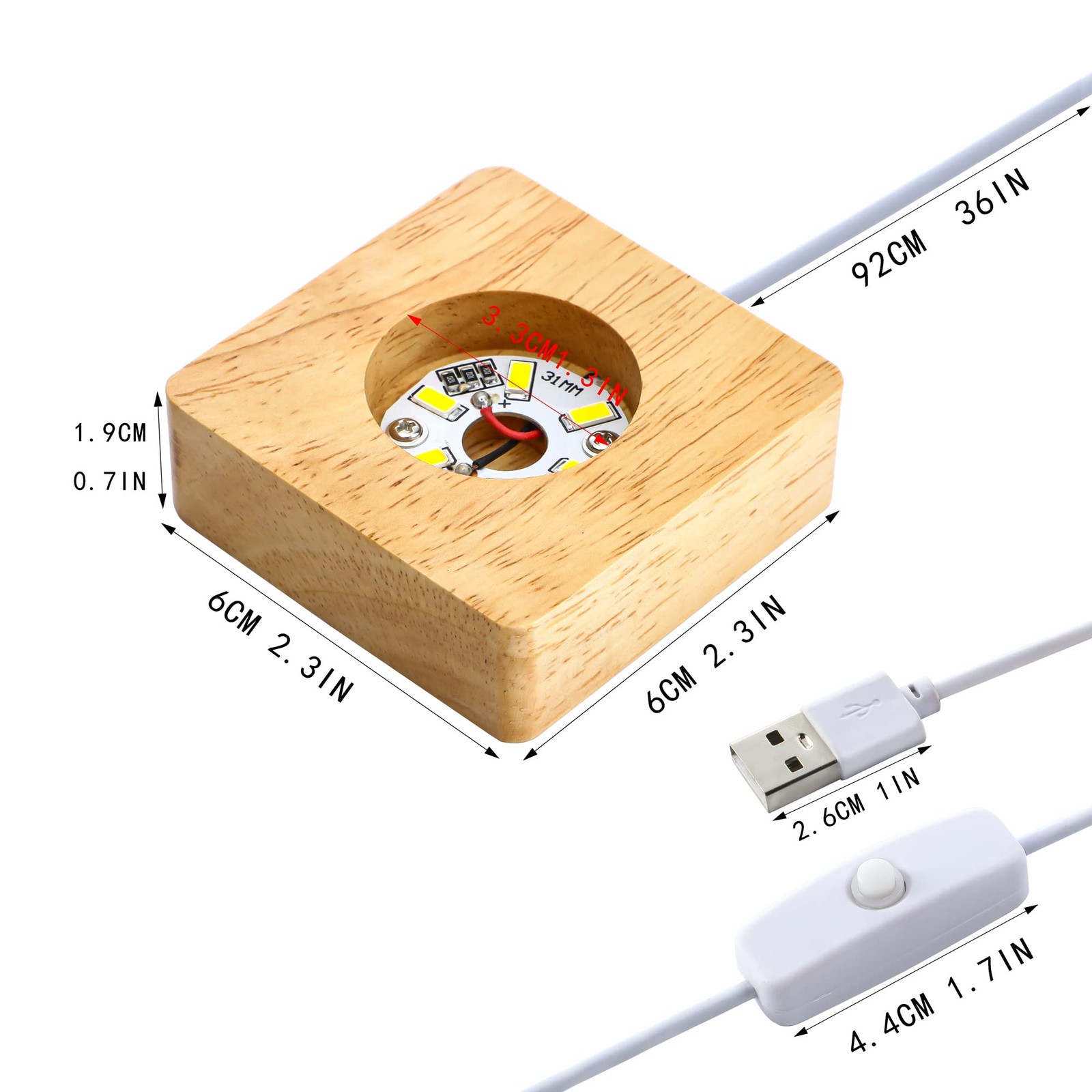 Pack 2 Wooden LED Light Display Base 2.3in Crystal Glass Light Base Stand Woo…