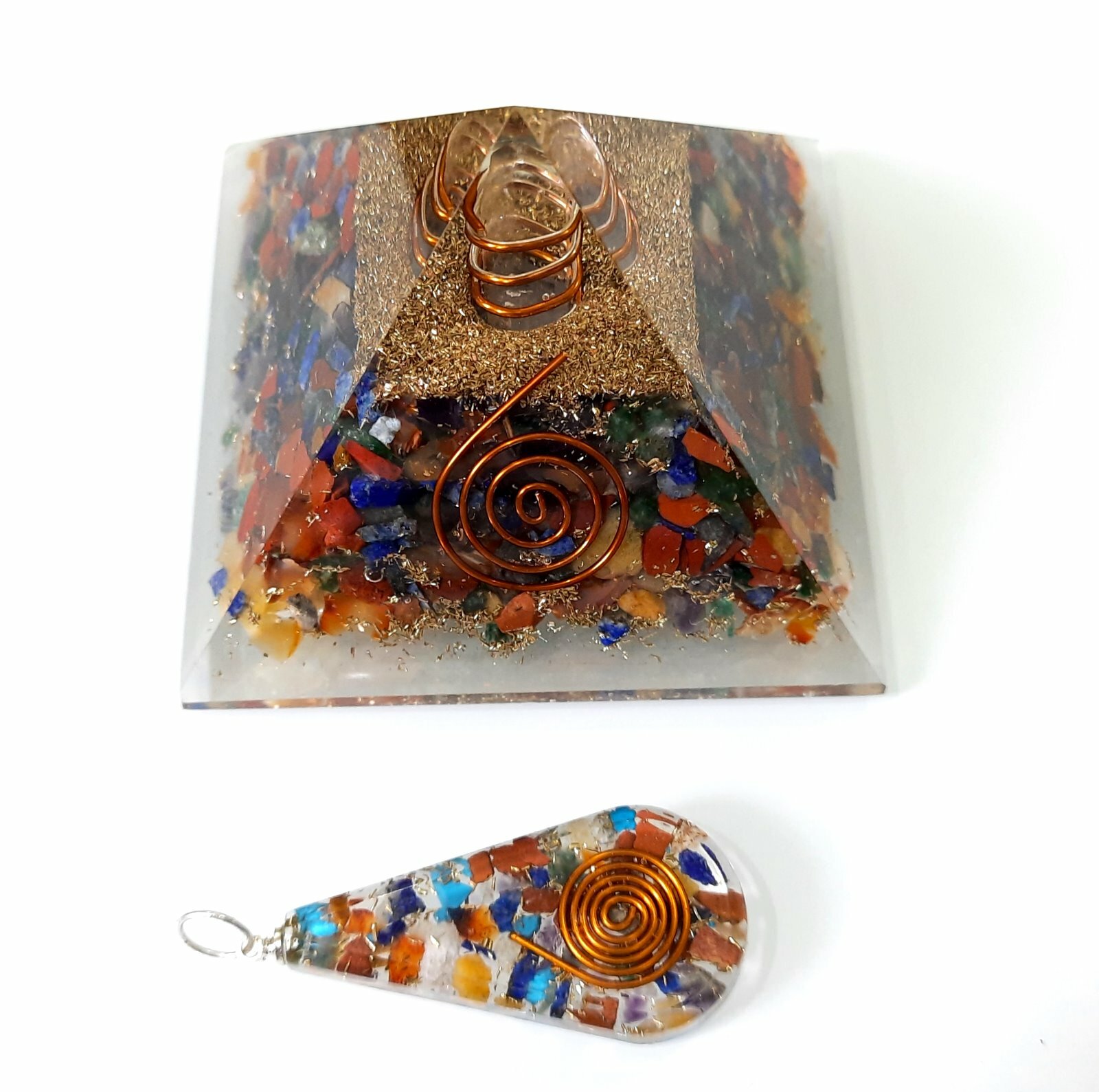 7 Chakra Combo of Healing Crystal Orgone Pyramid & Orgone Pendant Reiki Chakra