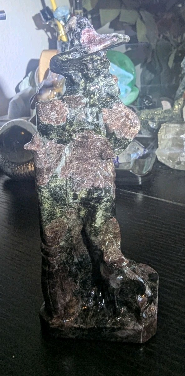 Natural Garnet Witch Carving with Cat | Hand-Carved Crystal Figurine | 6.5″ Tall