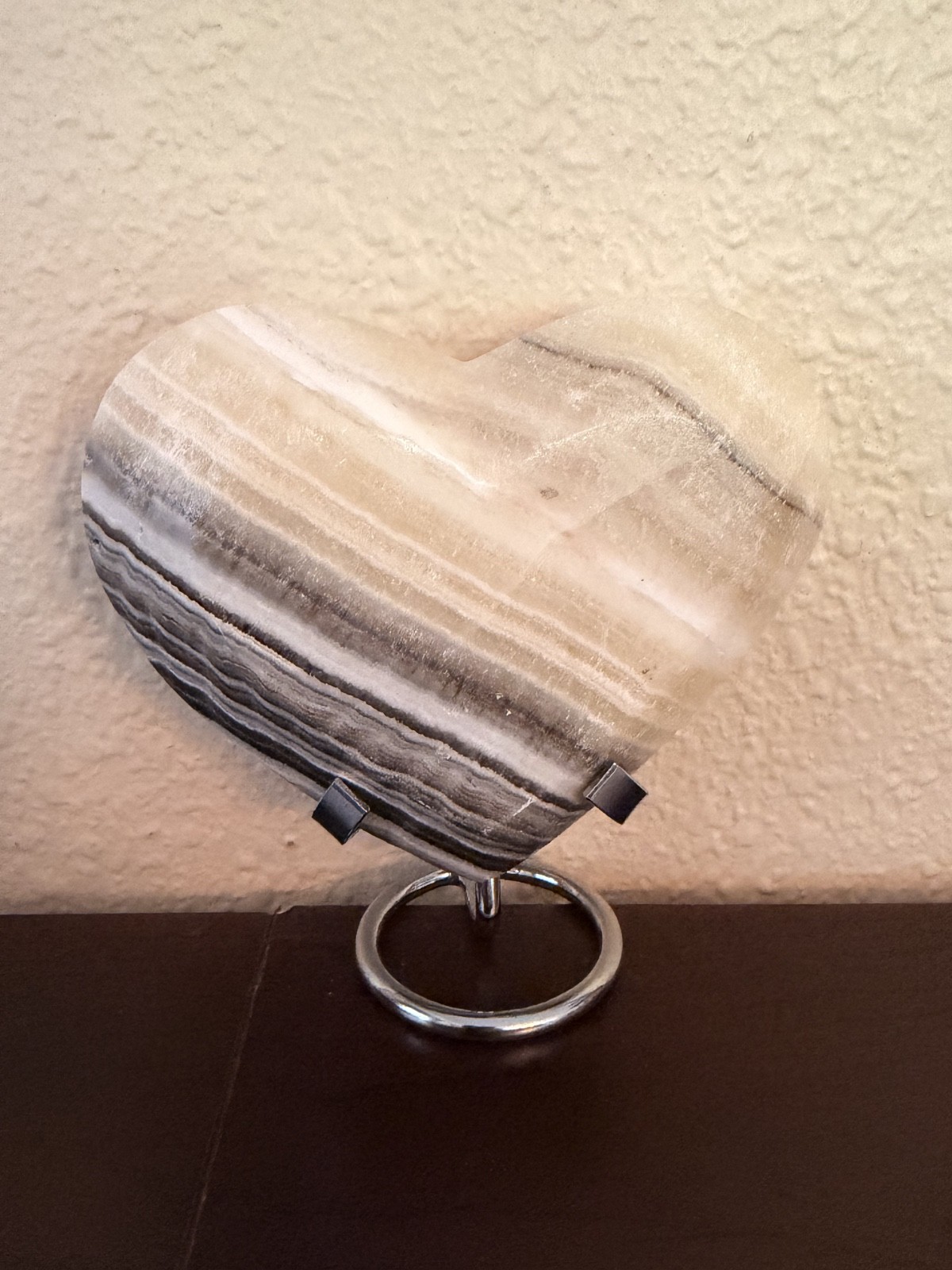 6.94oz Zebra Calcite Heart Bowl 4.5″ Banded Onyx Dish on Stand
