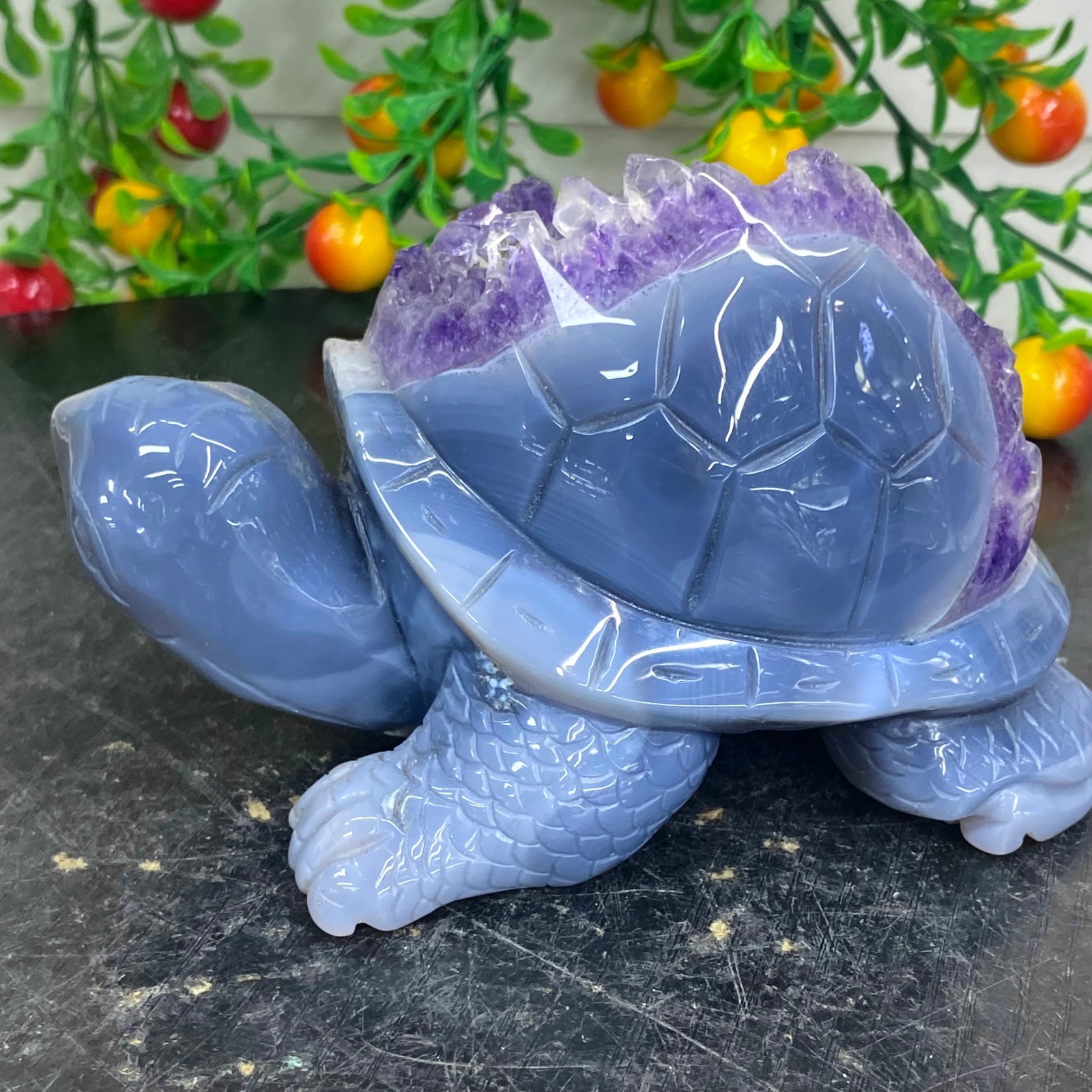 2.51LB Natural amethyst agate turtle Crystal turtle carving healing Home decora