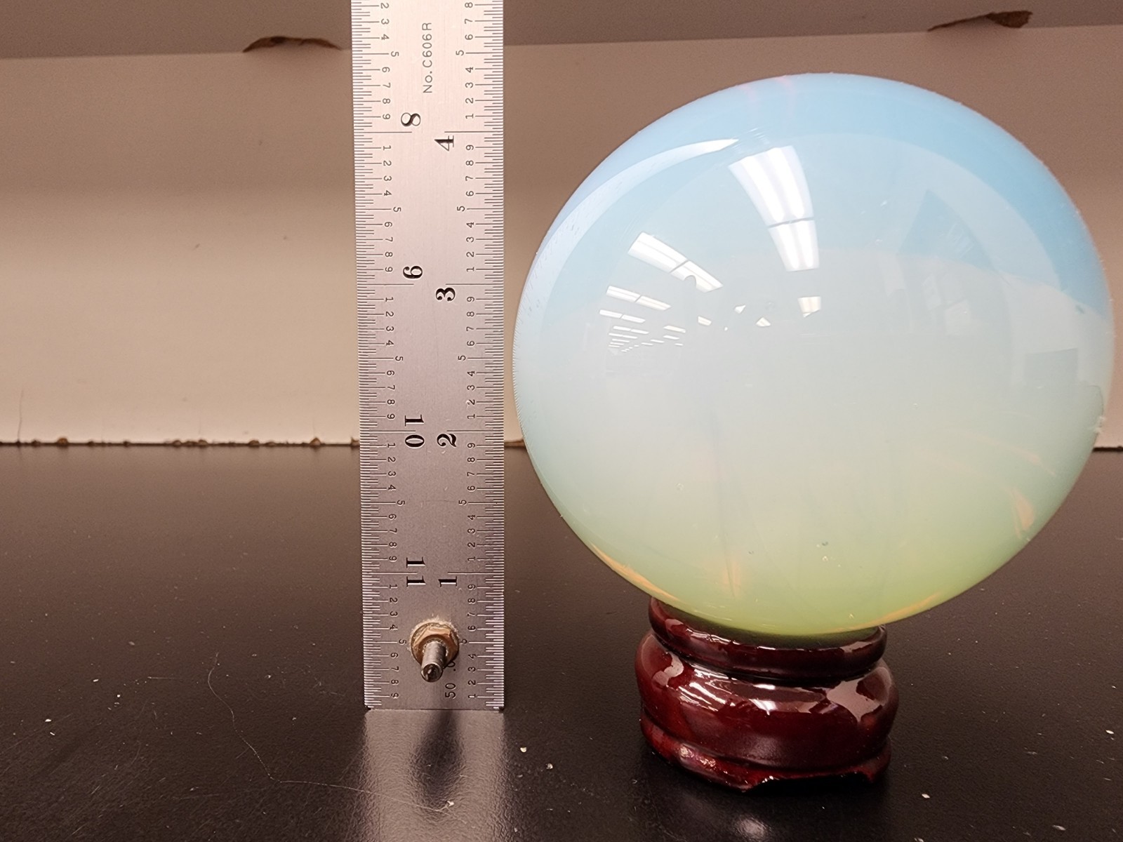 Large 673g Opalite Crystal Sphere Ball Blue Glow Polished Orb w/ Wooden Stand