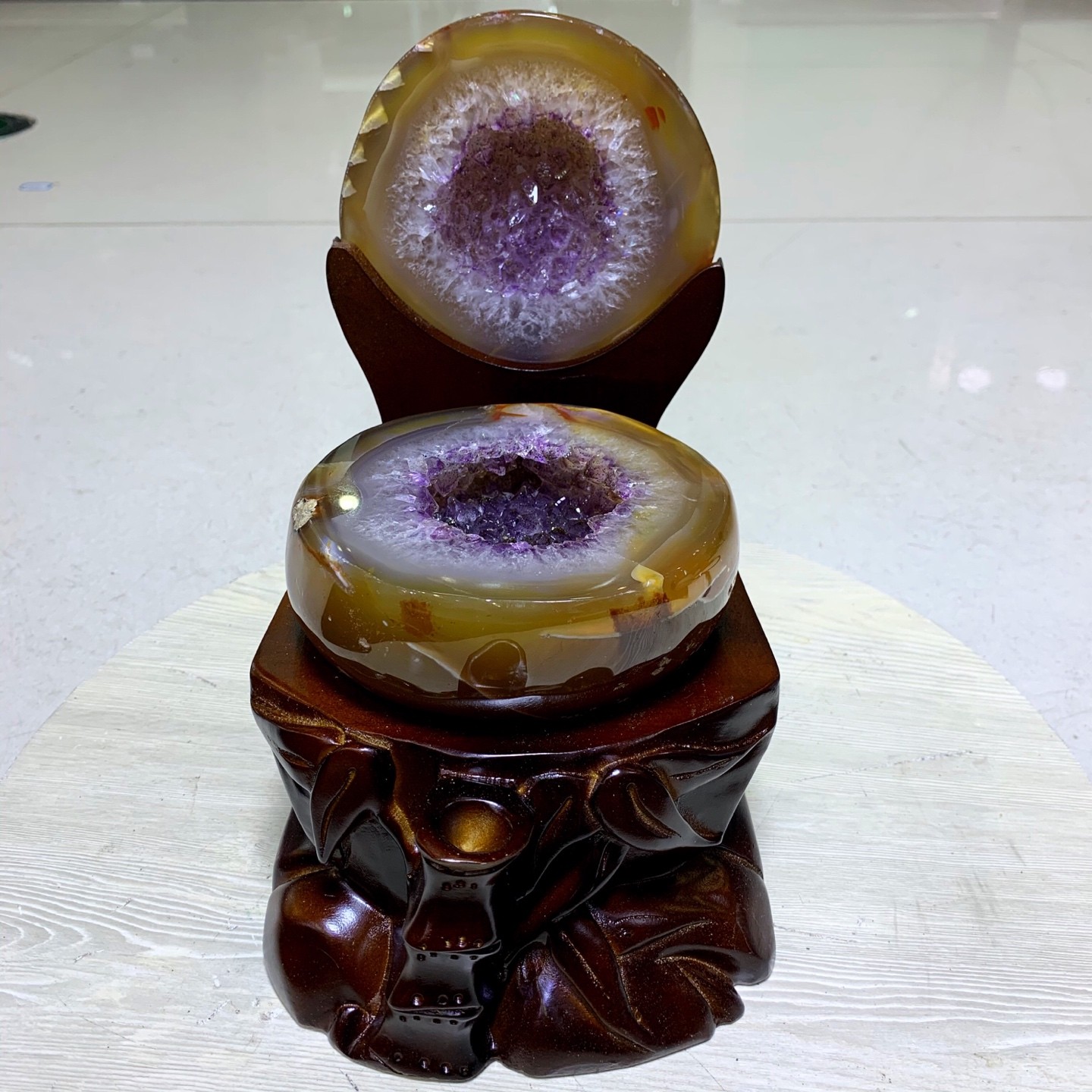 Agate Amethyst Crystal Geode Treasure Bowl with Wood Stand Healing Decor