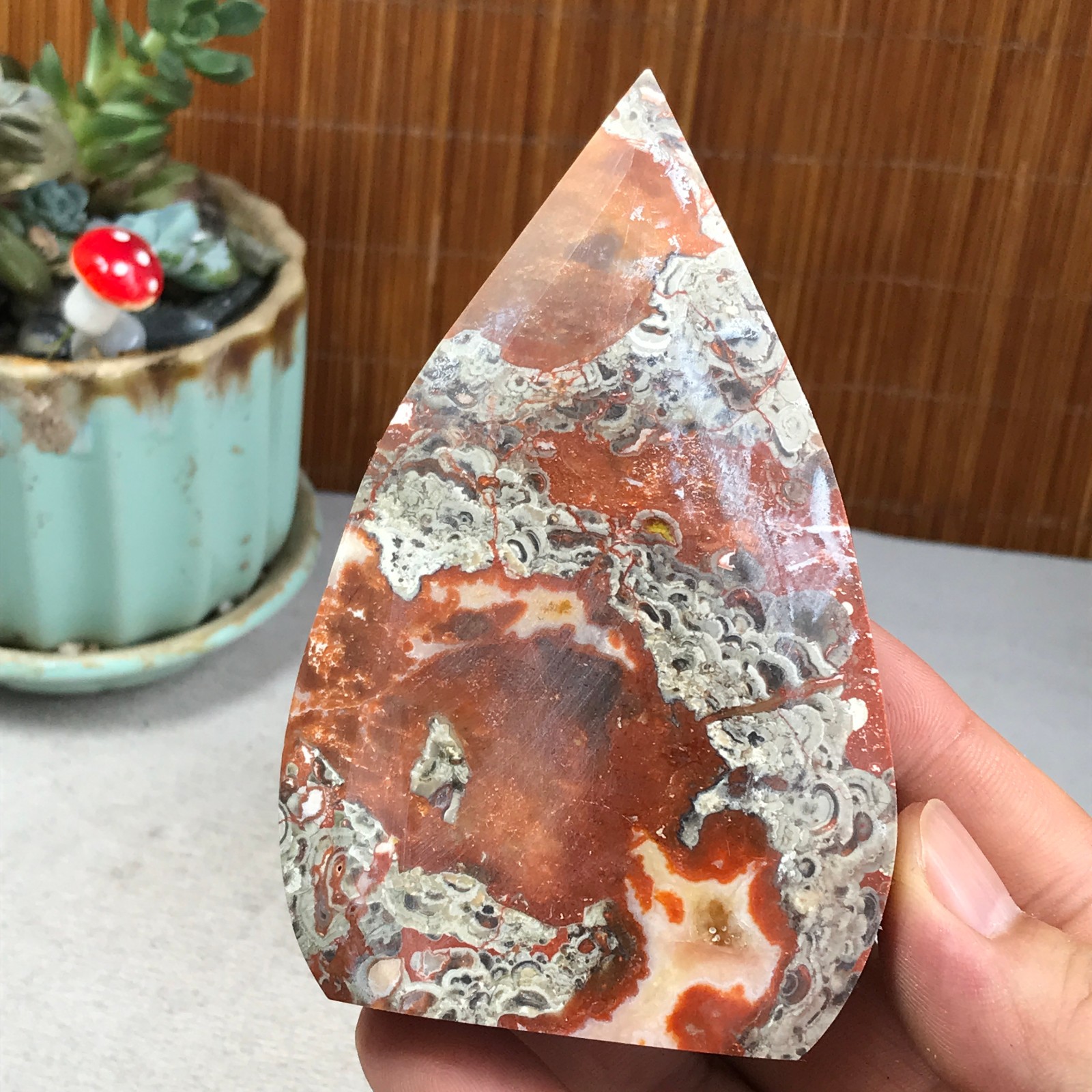 Natural money Mexico agate hand carve leaf Crystal Specimen free standing A6270