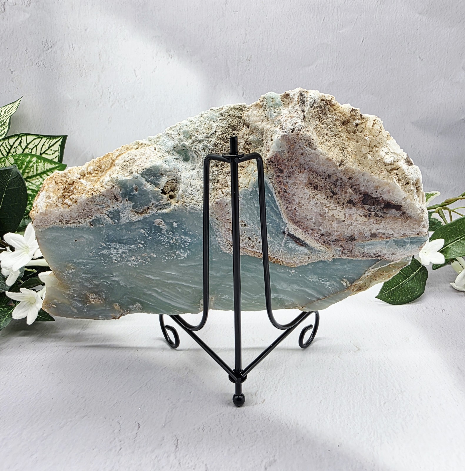 Caribbean Calcite Slab w Metal Stand Natural Blue Calcite Display 2 lb 8 oz