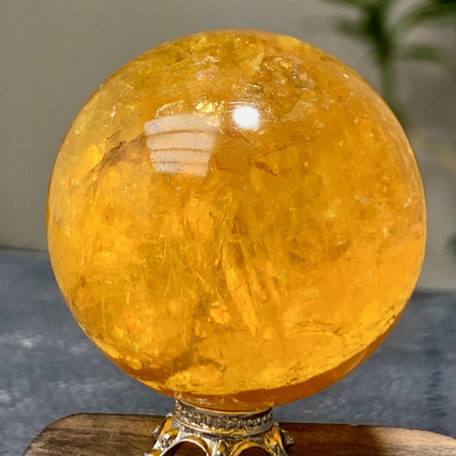 126G Natural yellow fluorite and mica symbiotic crystal ball healing