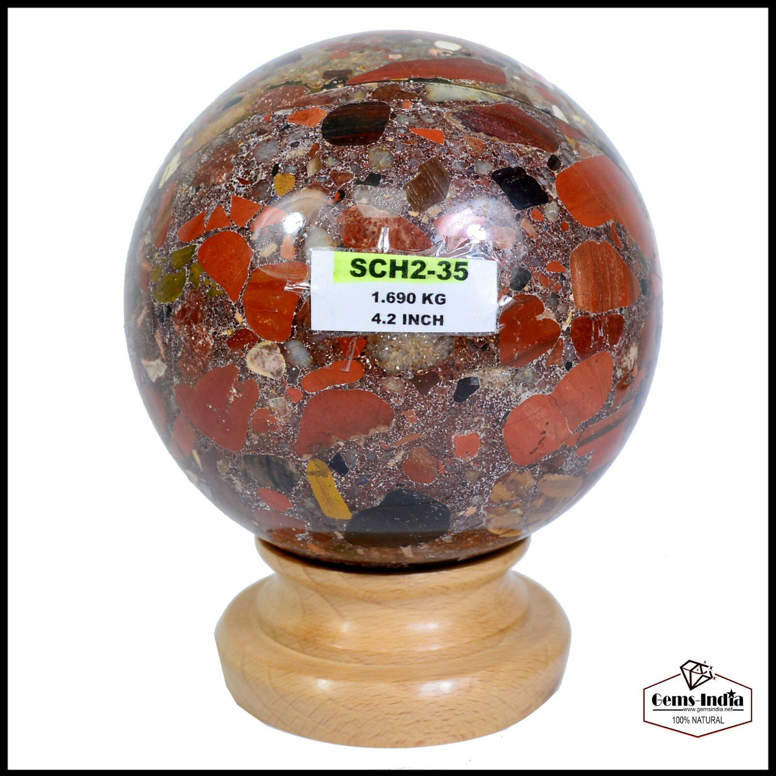 Natural 4.2in Red Conglomerate Stone Healing Meditation Puddingstone Sphere Ball