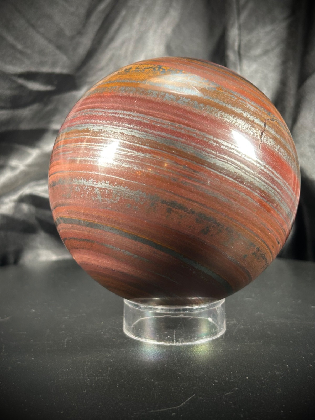 4.05″ Tiger Iron (AKA Mugglestone) Sphere With Acrylic Stand 4lb 5.5oz (1.968KG)