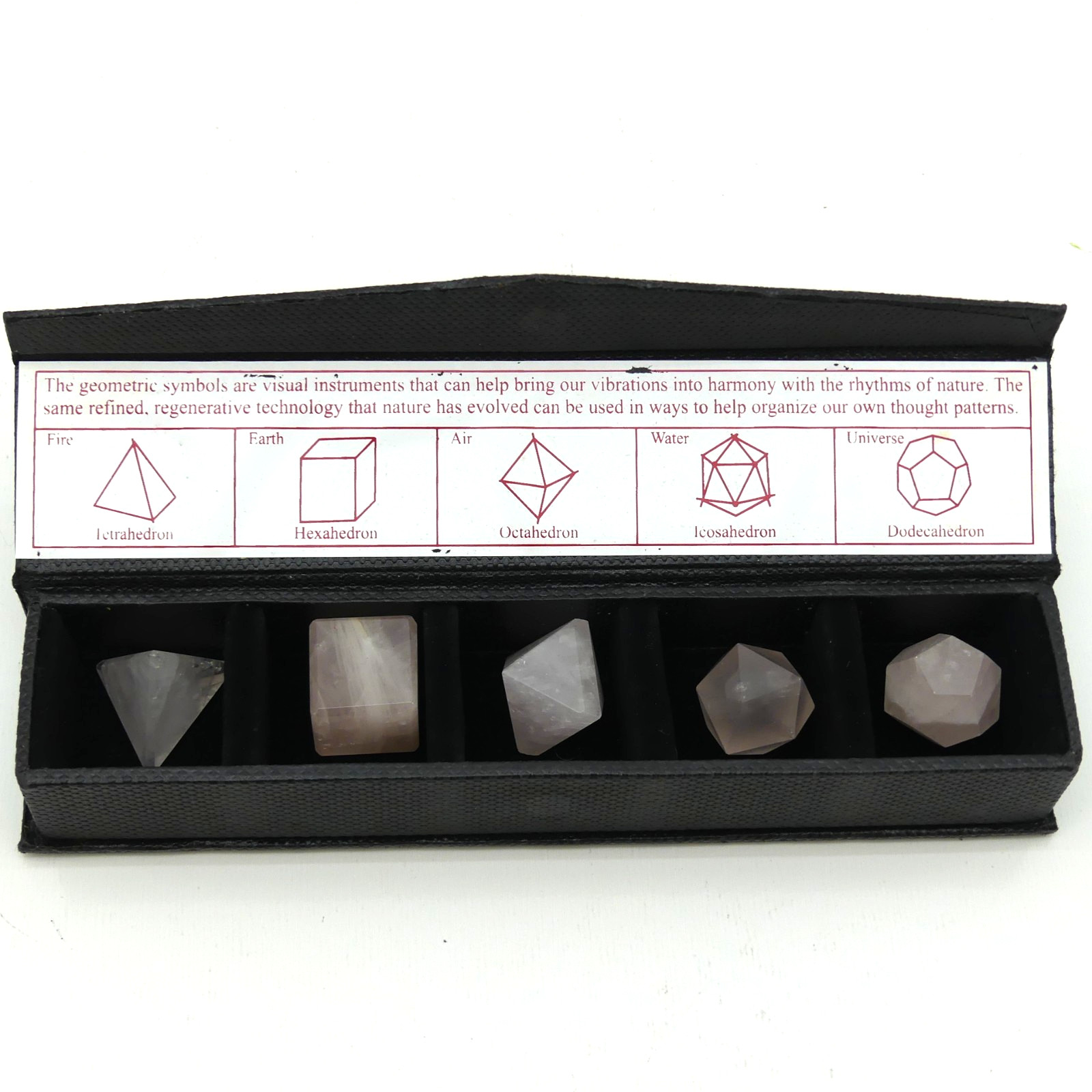 5pc Rose Quartz Sacred Geometry Crystal Set Healing Stones w/ Display Box