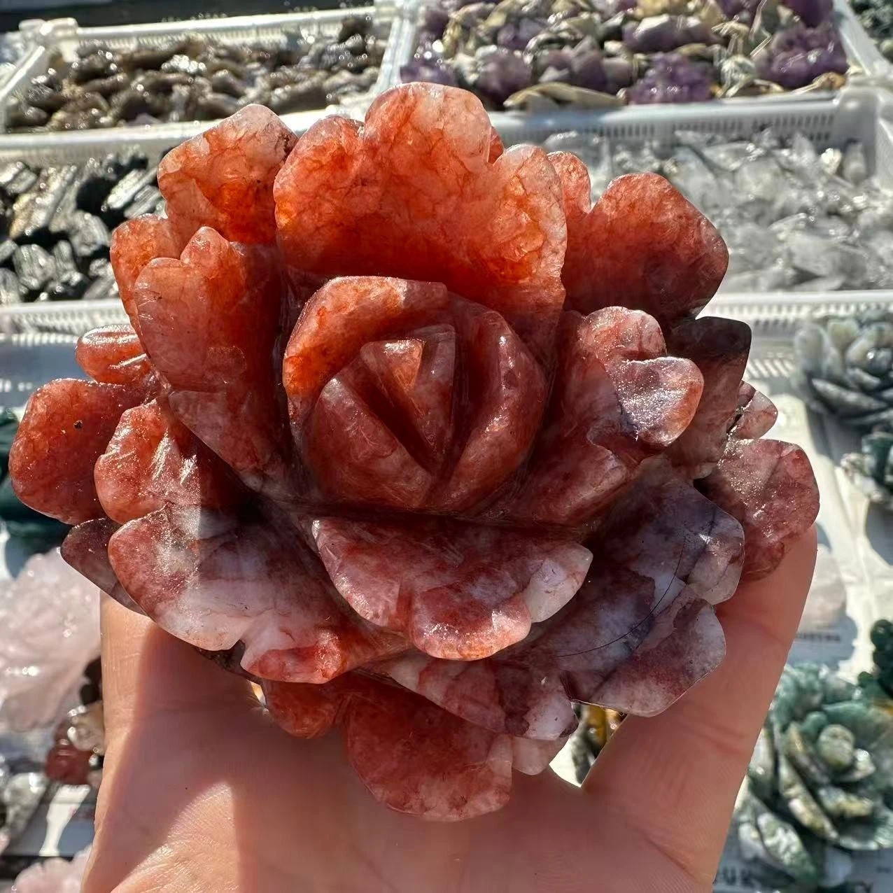 1PC Natural Red gum flower Quartz Carved Flower Skull Crystal Reiki Decor Gift