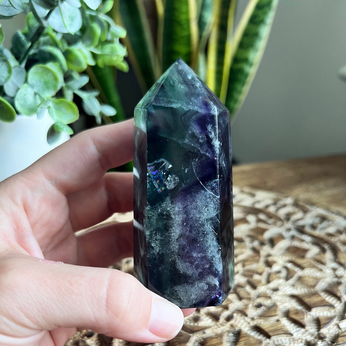 Natural Rainbow Fluorite Tower Obelisk Healing Crystal Wand Home Decoration
