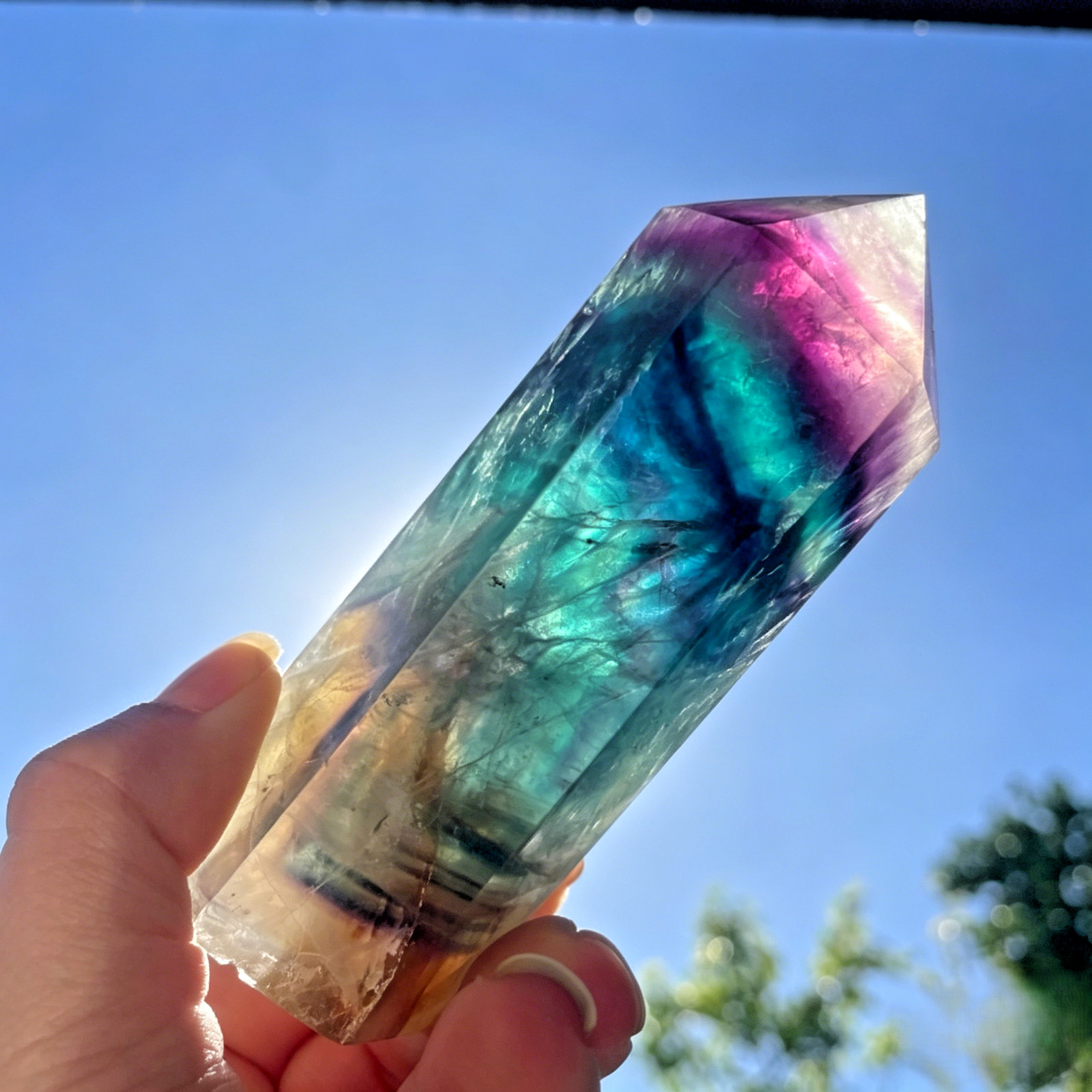 Natural Rainbow Fluorite Crystal Point Tower Hexagonal Obelisk Home Decor Chakra