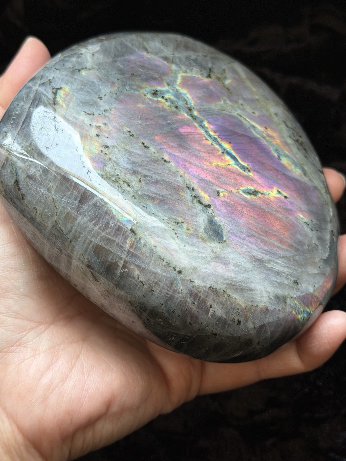 5.15” Large Purple Pink Orange Flash Labradorite Crystal Heart 1100 Grams