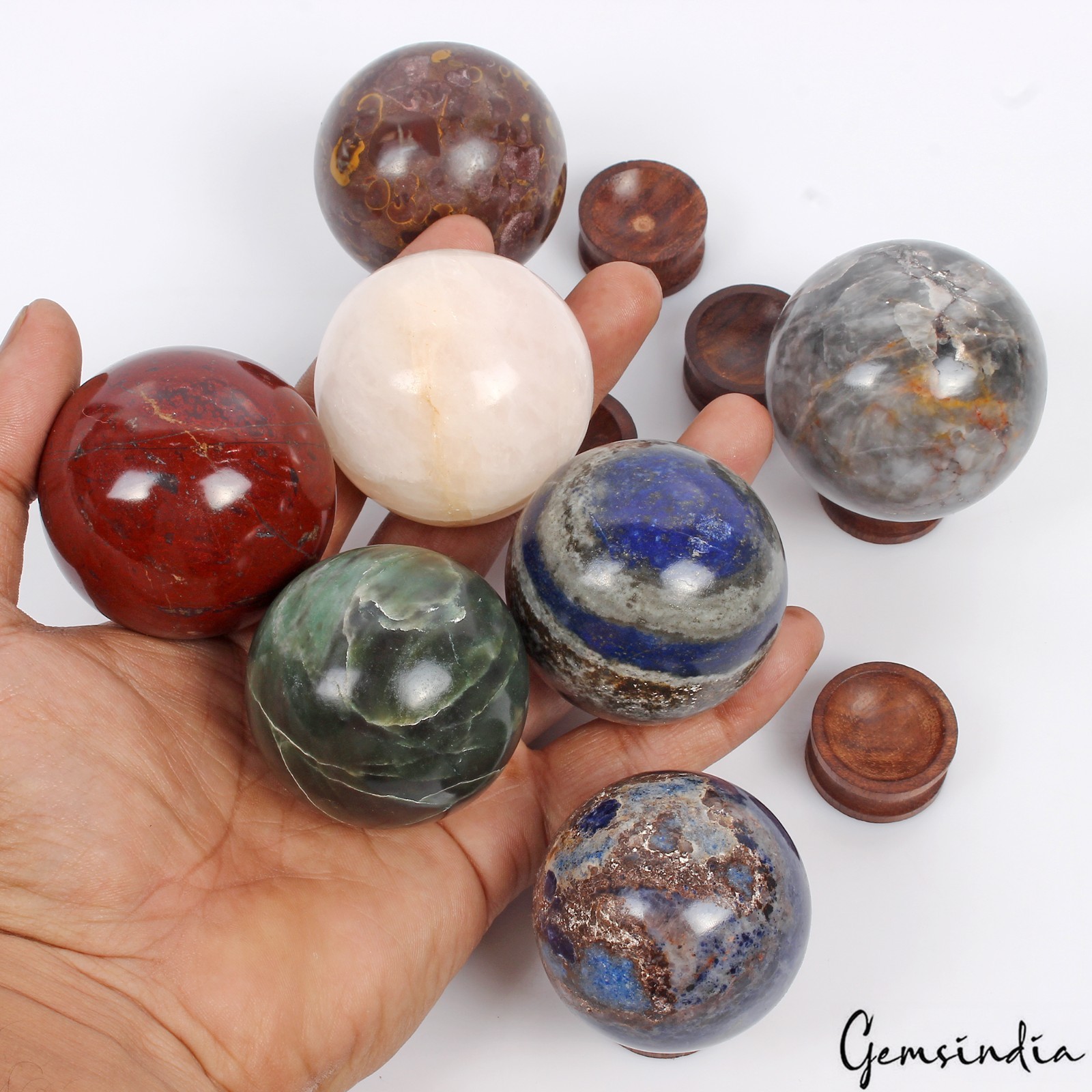7 Pcs Natural Gemstone Sphere Set + Wooden Stands – Bulk Crystal Ball Collection