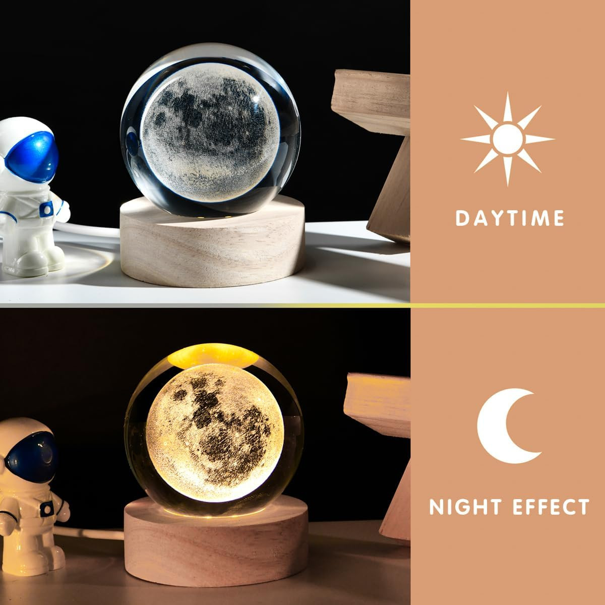 3D Moon Crystal Ball with LED Stand, Moon Figurine Decor Glass Sphere Lamp, Spac