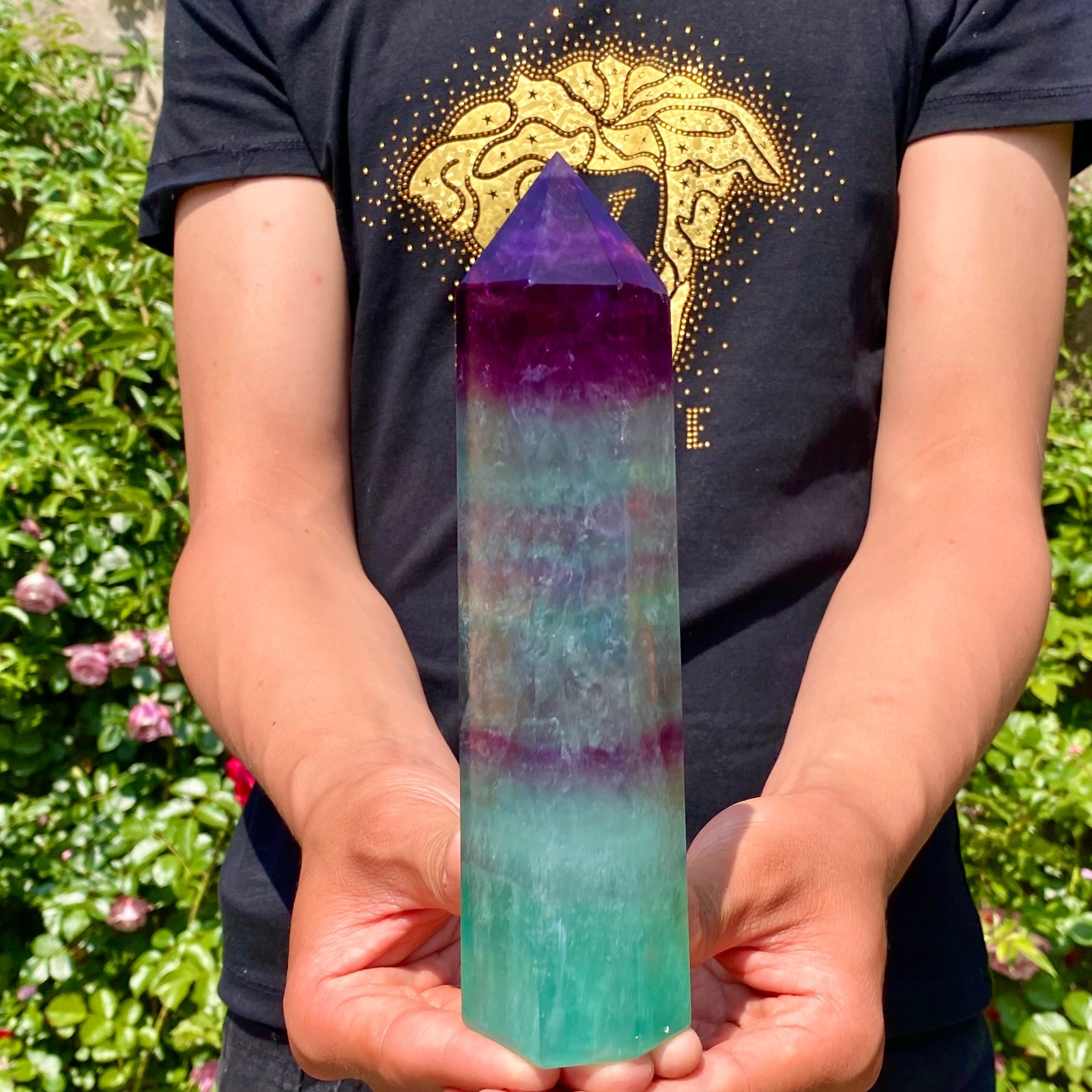 1.8LB Natural rainbow fluorite obelisk quartz crystal wand point Gem Healing