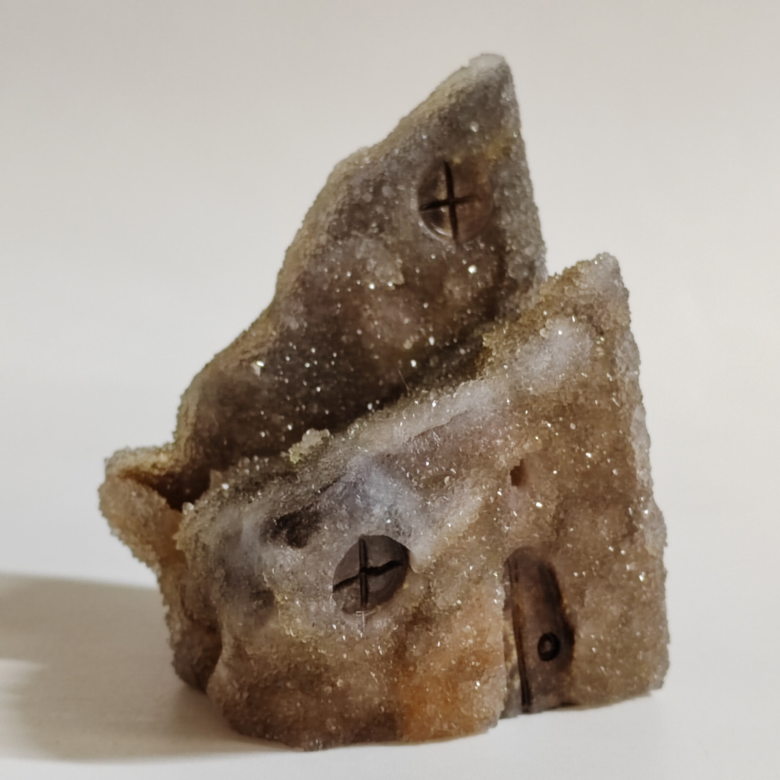 Natural crystal clusters, quartz mineral specimens, handmade carvings, house