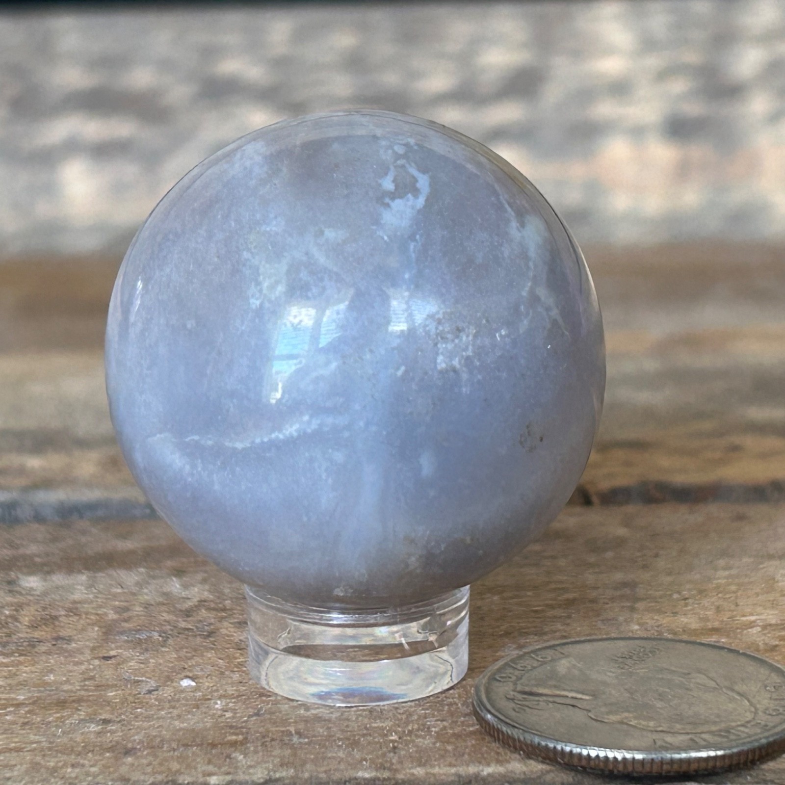 Gray Chalcedony Sphere 35mm – Soft Blue Gray Crystal Ball with Stand