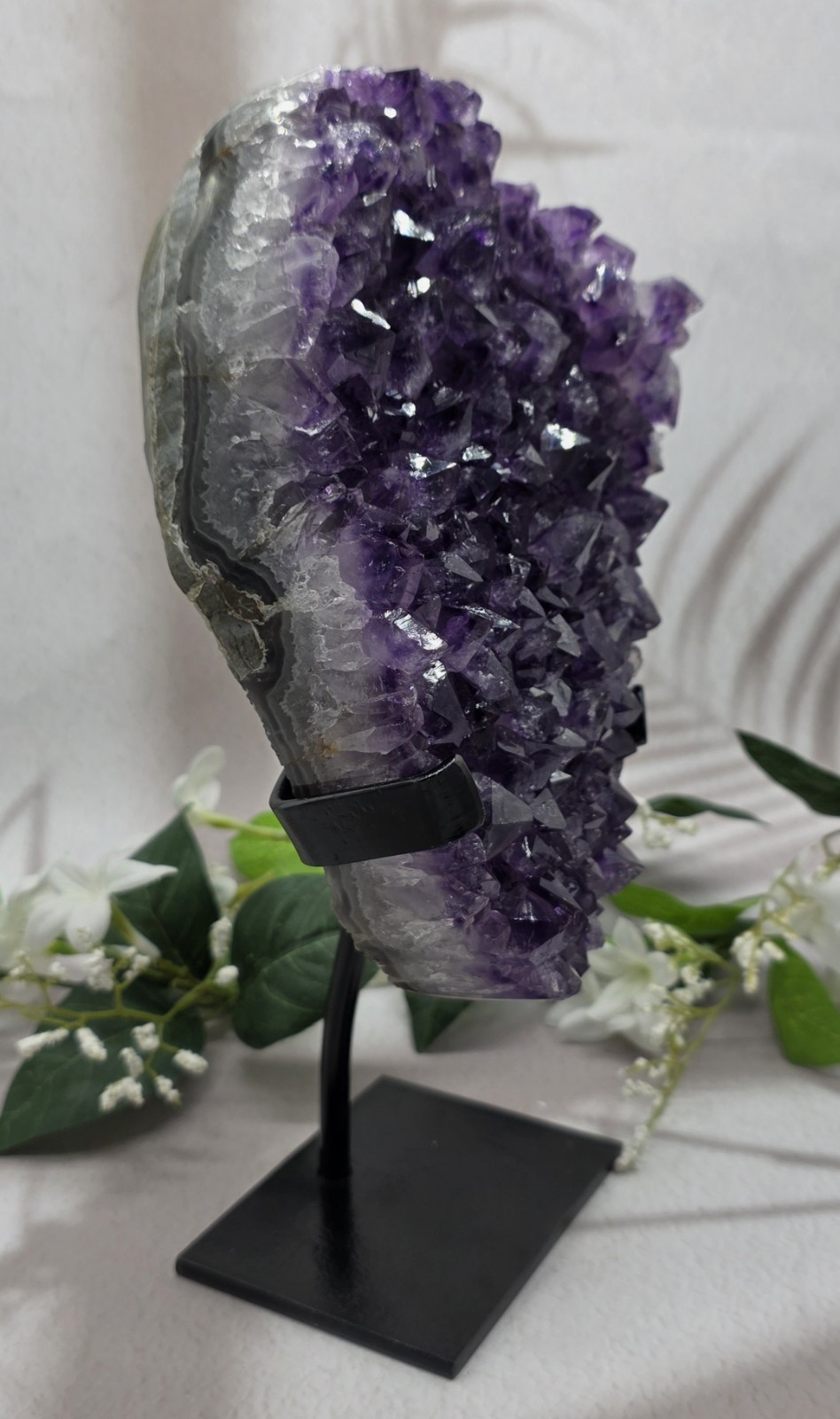 Large Uruguay Amethyst on Black Metal Stand Natural Purple Crystal Display