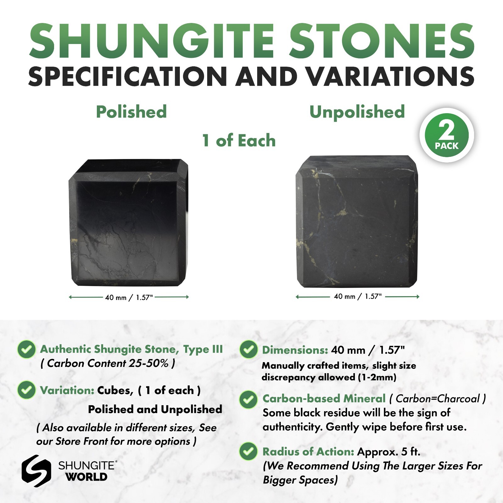 Shungite World Shungite Cube Set 2 pcs – 40 mm / 1.57″ (Polished+Unpolished)