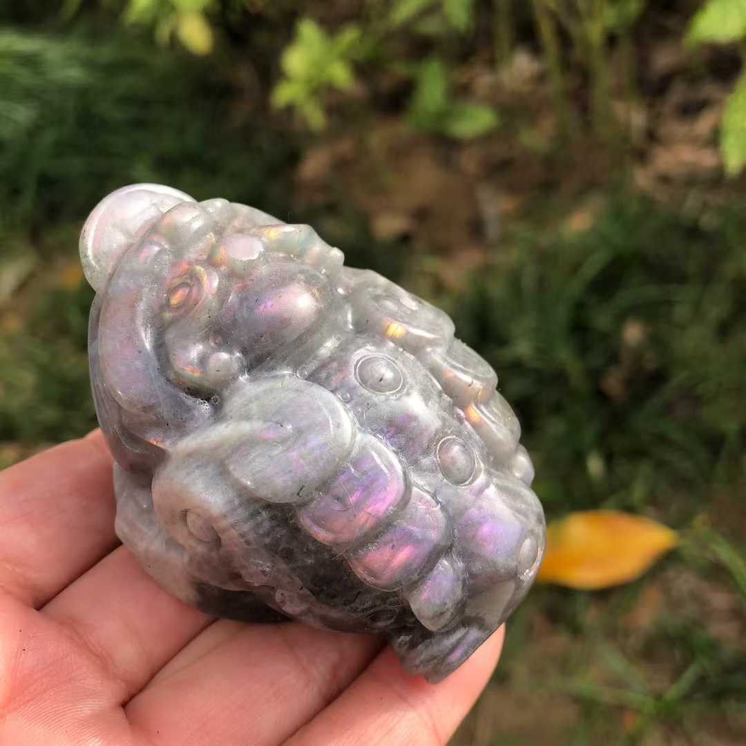 1PC Natural Labradorite Quartz Carved Crystal Jin Chan Skull Reiki Decor Gift