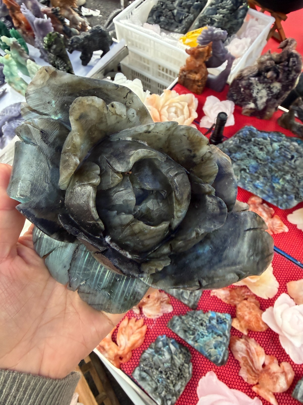1pc Natural Labradorite Quartz Carved Crystal Flower Skull Reiki Healing Decor