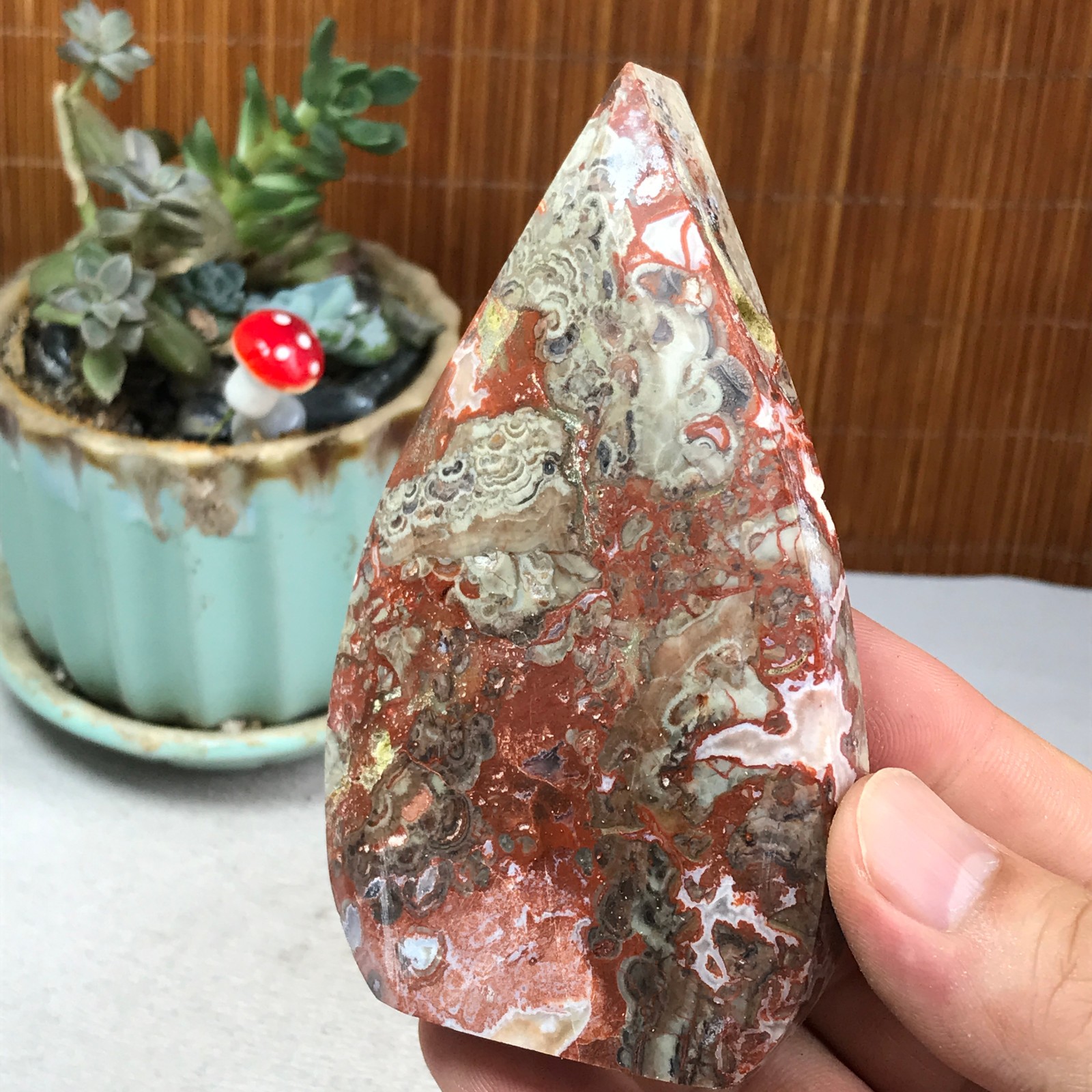 Natural money Mexico agate hand carve leaf Crystal Specimen free standing A6255