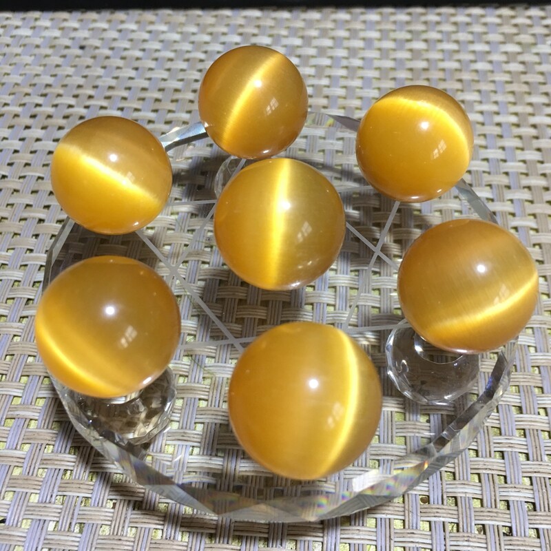 7pcs 20mm Grade A yellow Glass cat’s eye ball Sphere healing crystal +base r608