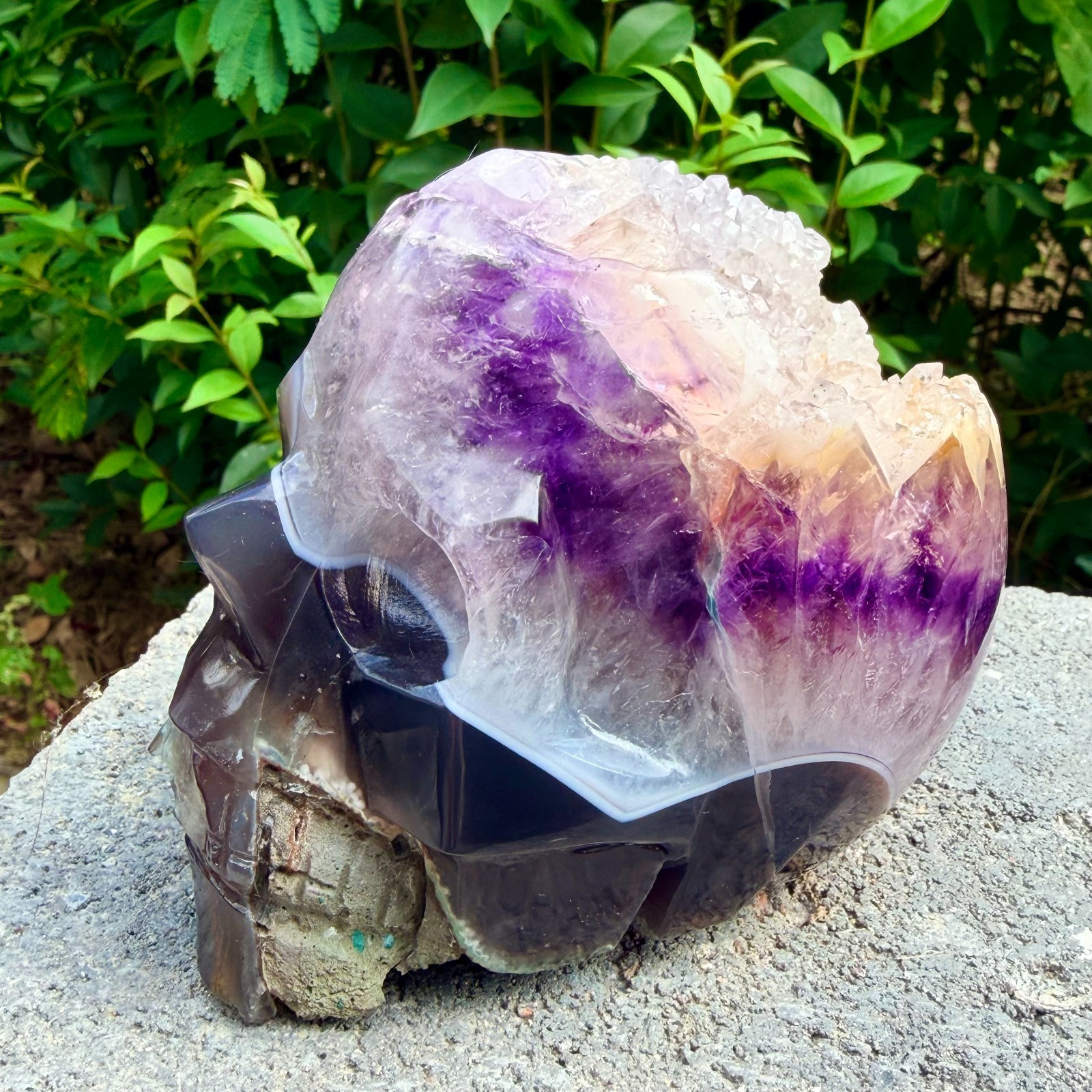 2.6lb Amethyst agate crystal cave skull, Rare hand carved skull specimen