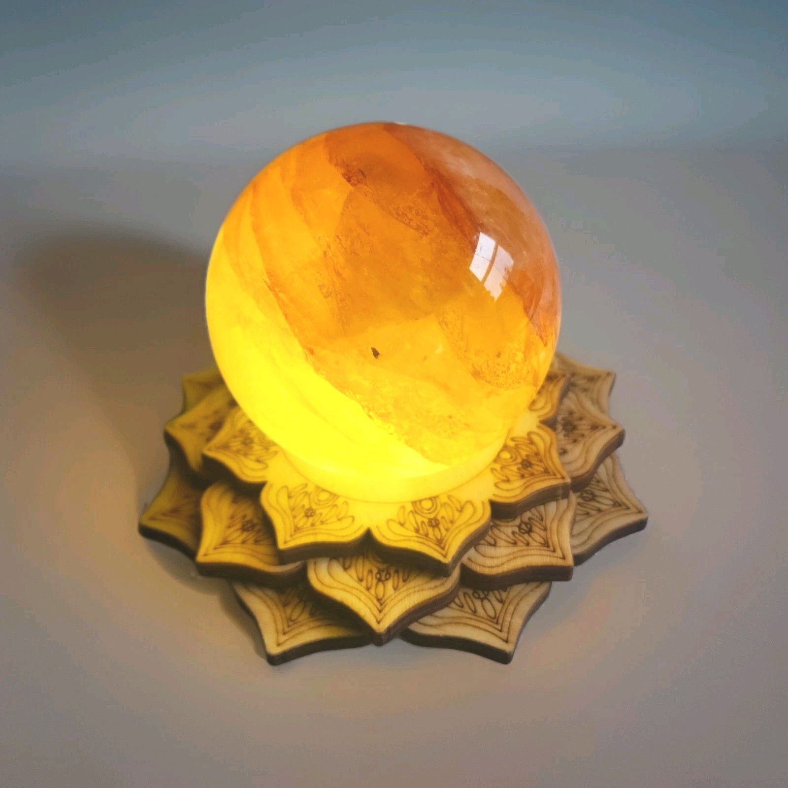 Natural Polished Yellow Fire Quartz 2.5″ Sphere with Light Stand – USA