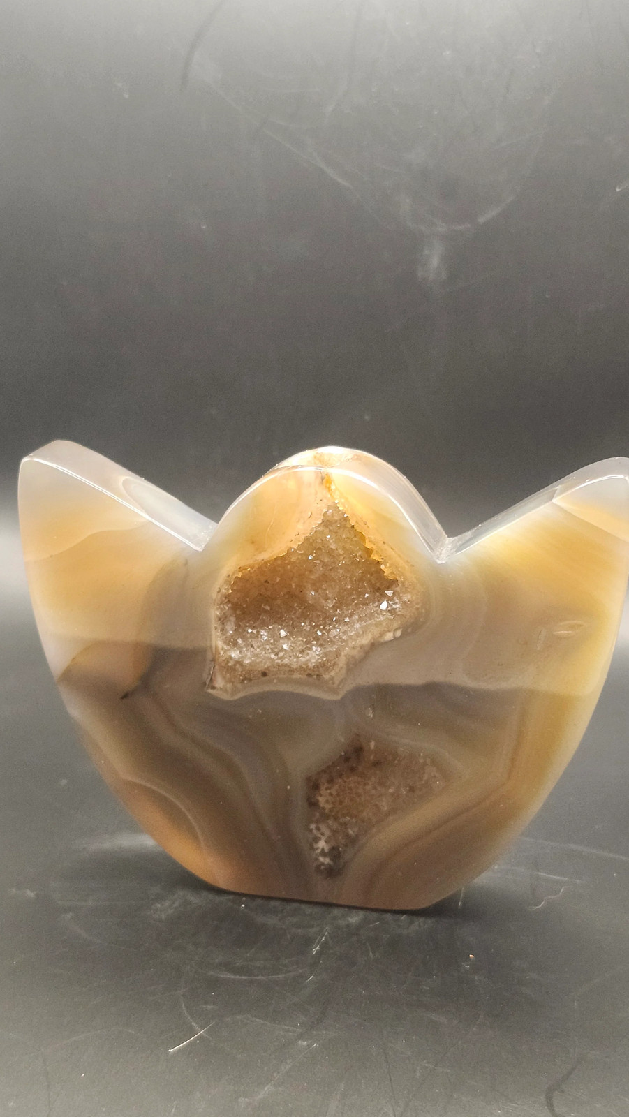 Druzy agate lotus flower. 3.75 inches wide by 2.85 tall, 7 ounces