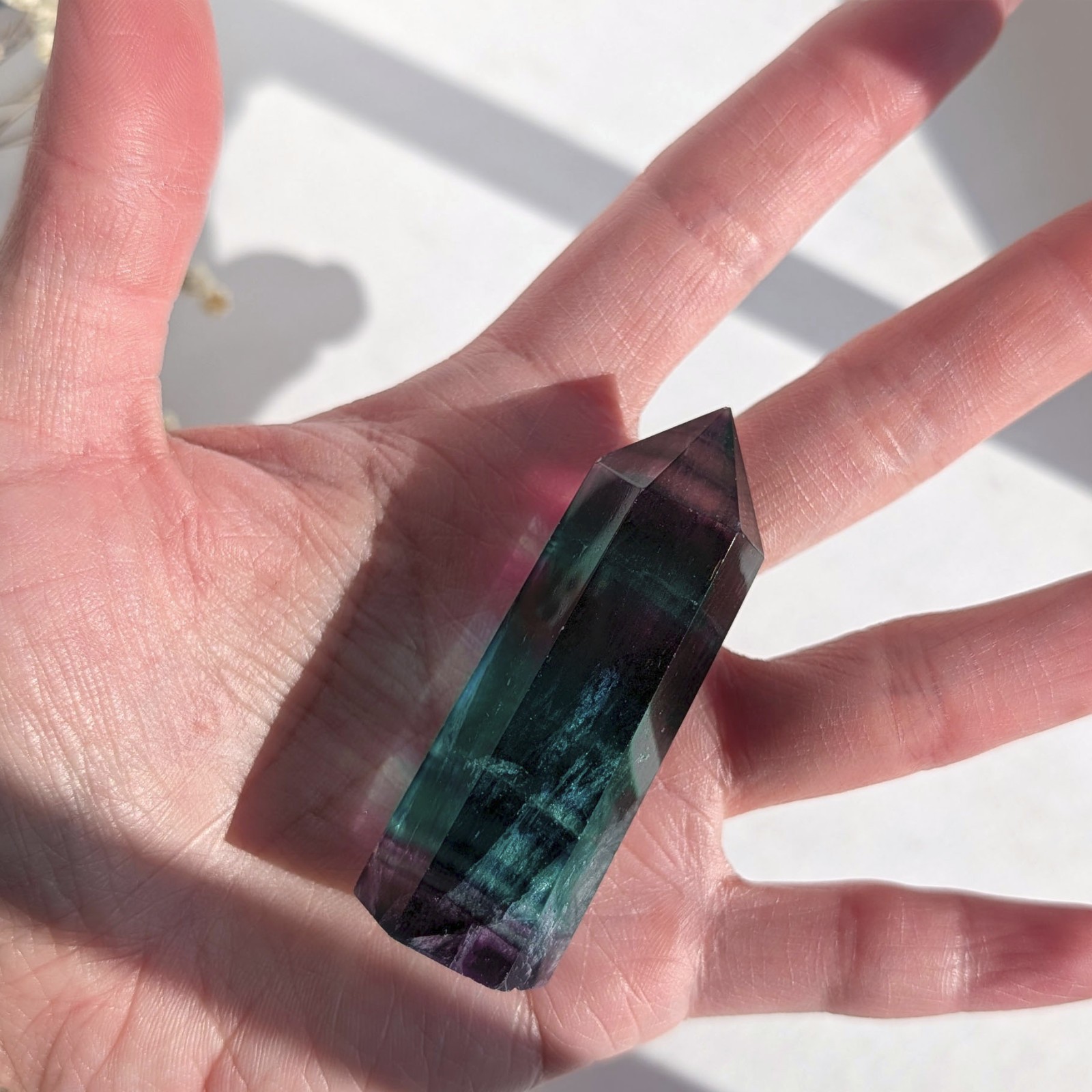 2.3″ watercolor banded fluorite tower point, purple blue teal rainbow fluorite
