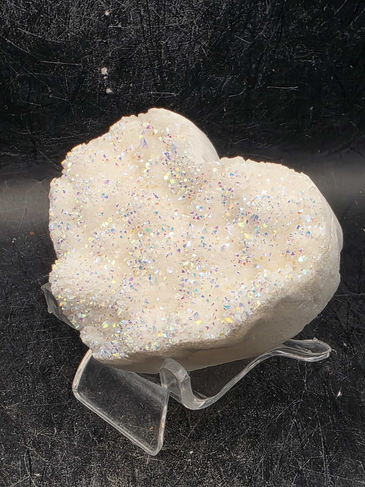 White pearl aura quartz heart! 4 ounces, 2.6 inches wide, 2.2″ tall