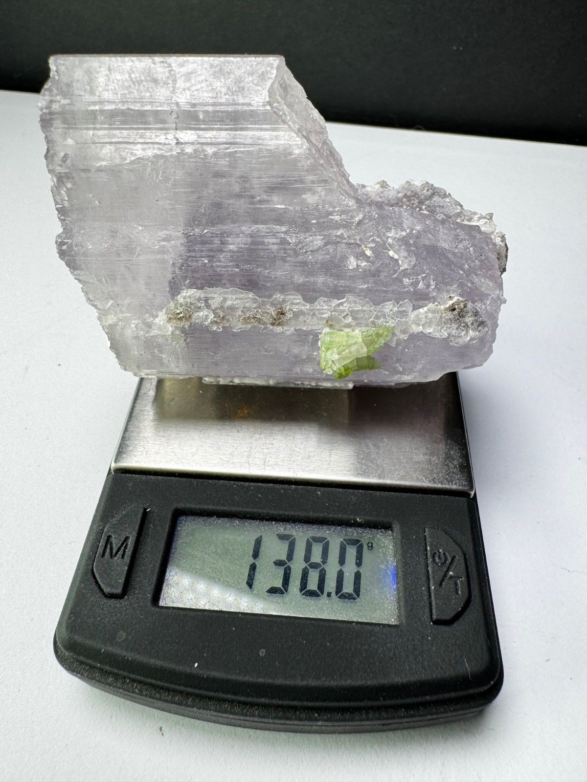 Green Tourmaline on Lilac Purple Kunzite crystal on matrix from Afgh – 138g